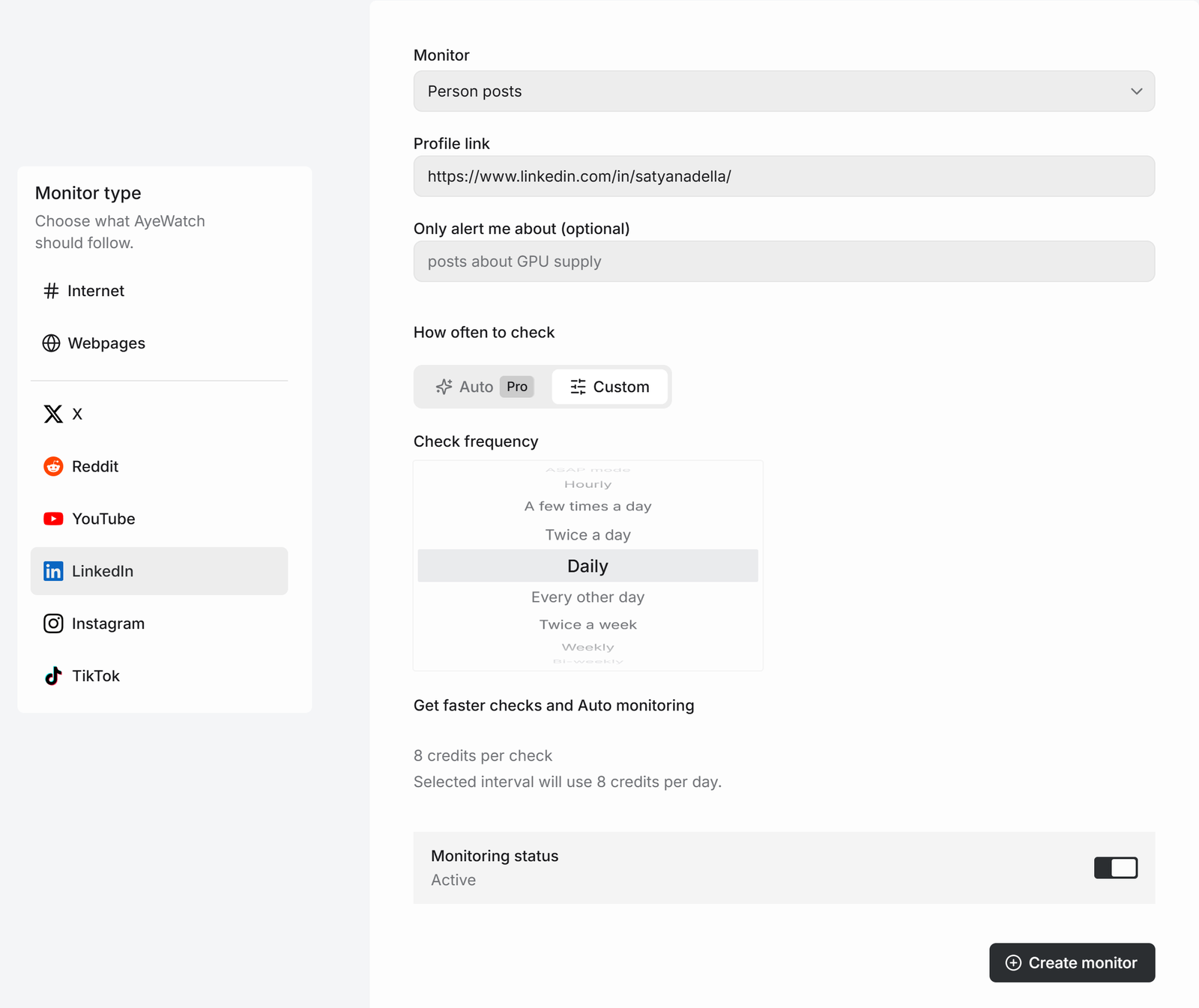 AyeWatch create monitor form with LinkedIn Person posts mode and a linkedin.com/in profile link, 8 credits per check