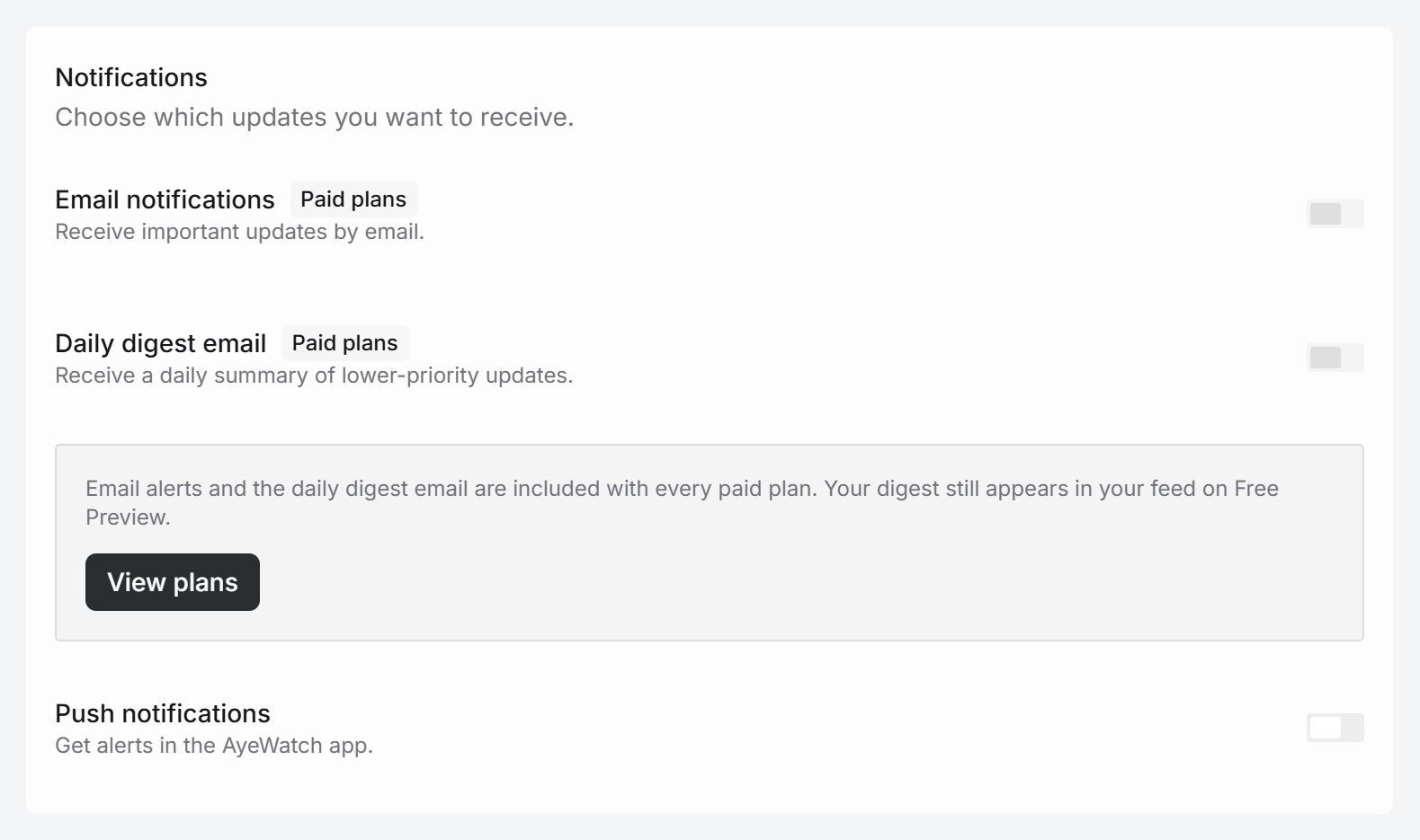 AyeWatch notification settings with email, daily digest and push toggles