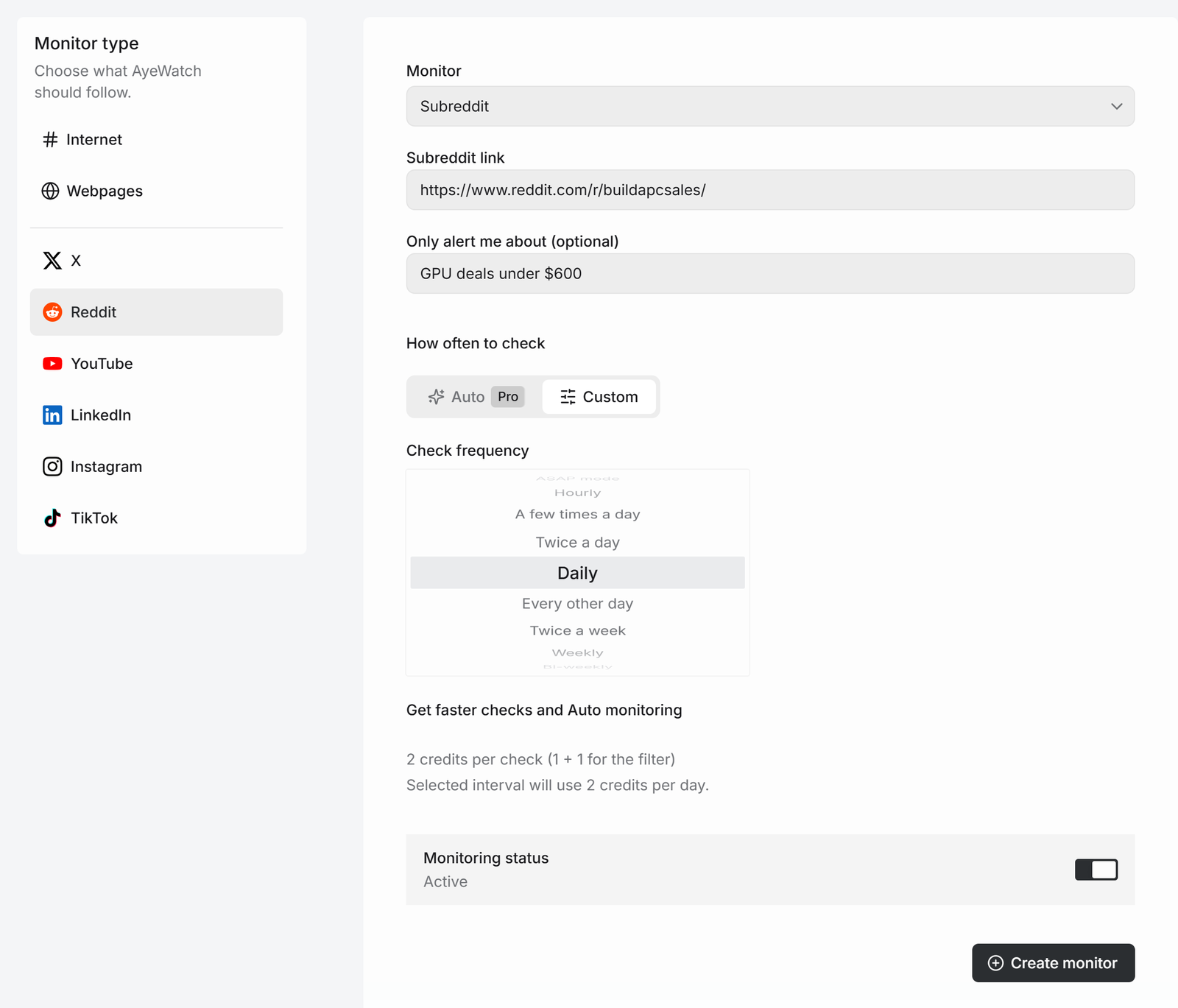 AyeWatch Reddit Subreddit monitor for r/buildapcsales with an AI filter for GPU deals under $600