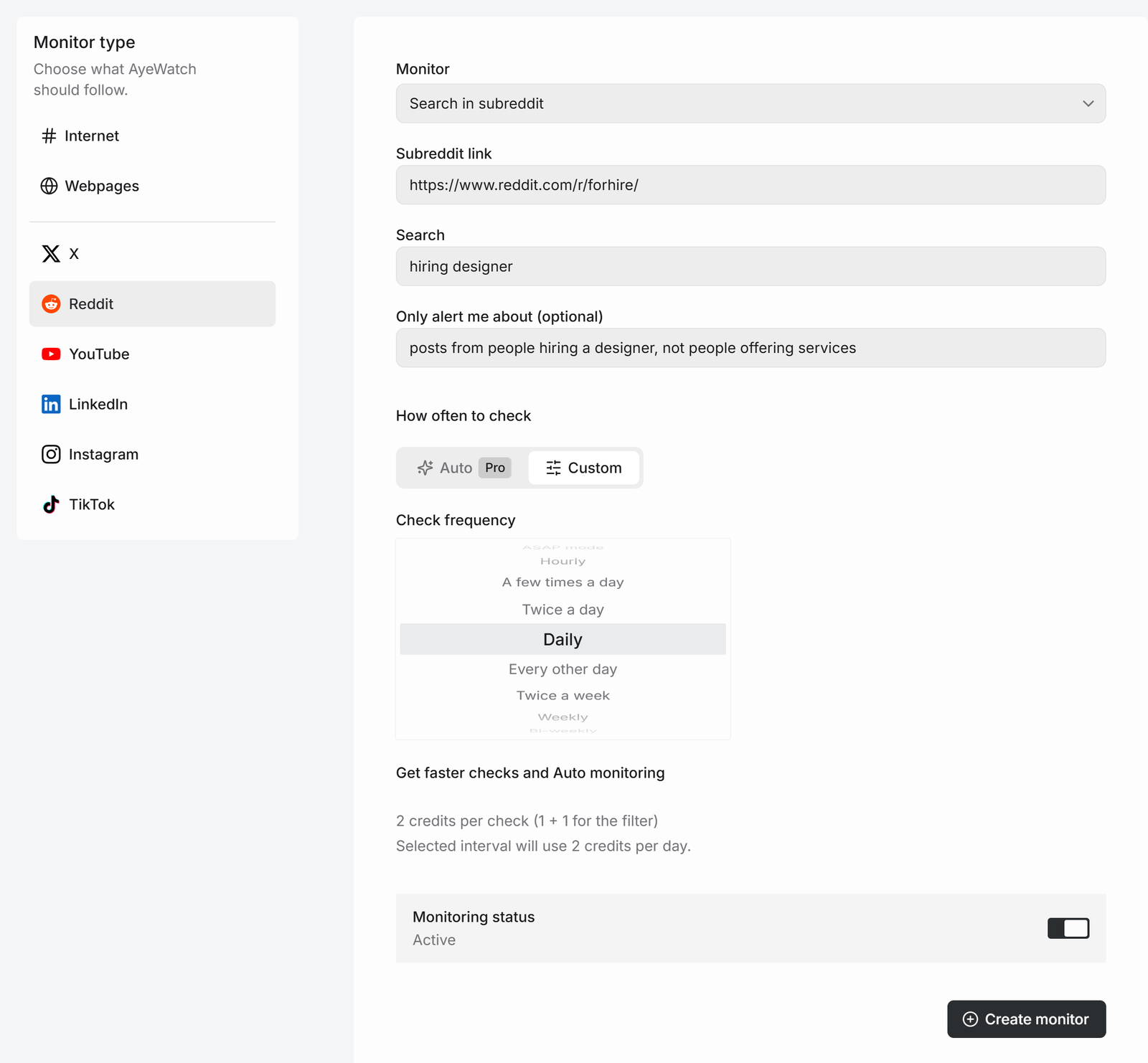 AyeWatch Reddit Search in subreddit monitor for r/forhire with hiring designer and an AI filter that skips people offering services