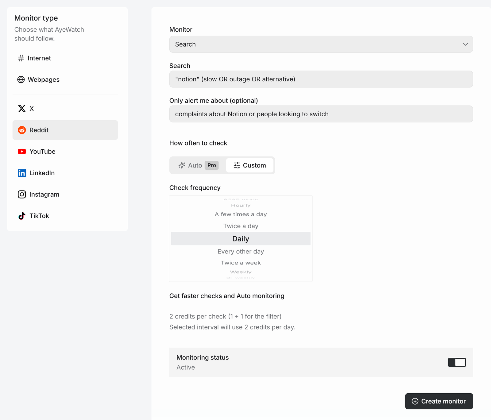 AyeWatch Reddit Search monitor with a keyword query and an AI filter