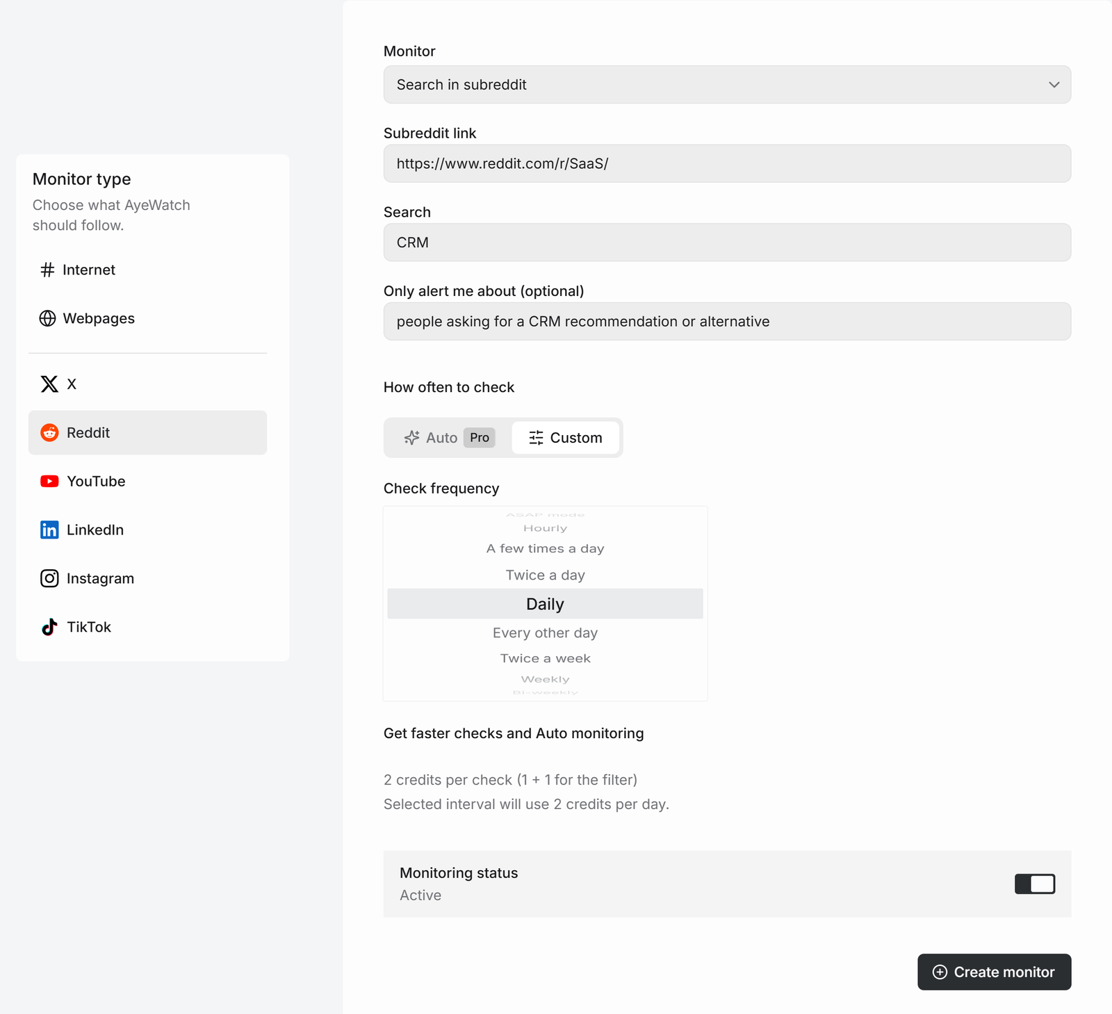 AyeWatch Reddit Search in subreddit monitor for r/SaaS with query CRM and filter people asking for a CRM recommendation