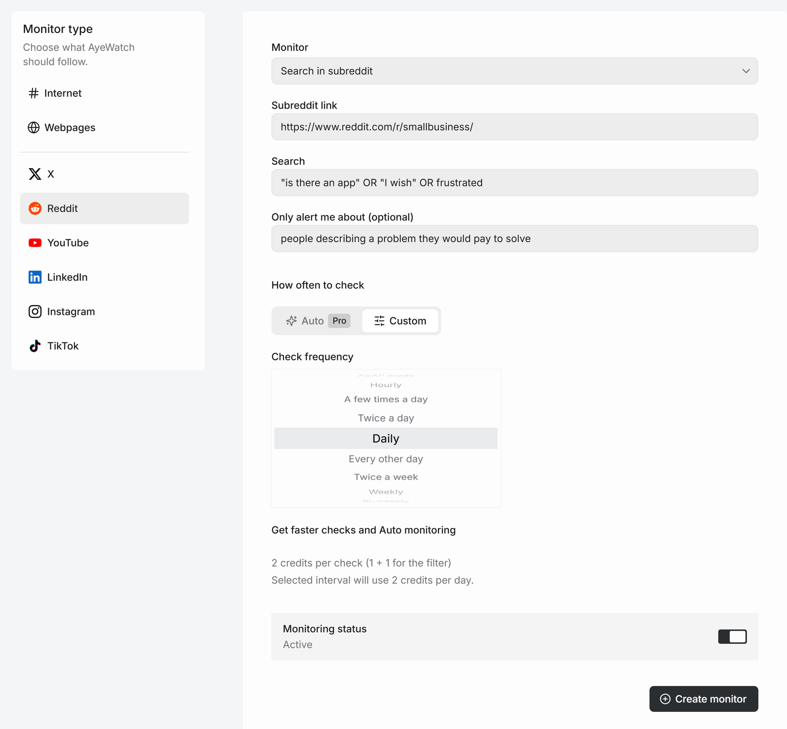 AyeWatch Reddit Search in subreddit monitor for r/smallbusiness with pain point phrases and an AI filter