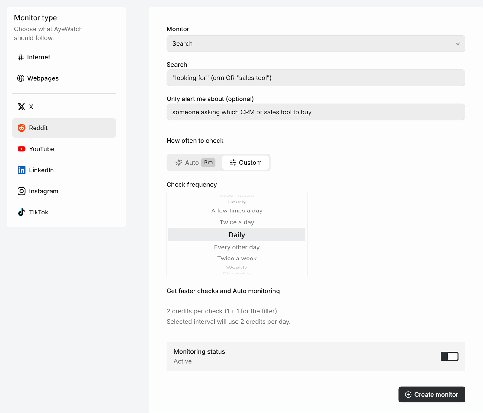 AyeWatch Reddit Search monitor with a looking for CRM query and an AI filter for people asking which CRM to buy