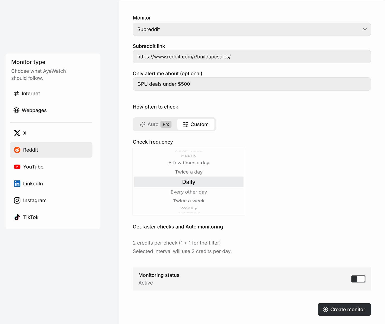 AyeWatch create monitor form with Reddit Subreddit mode, an r/buildapcsales link and the filter GPU deals under $500