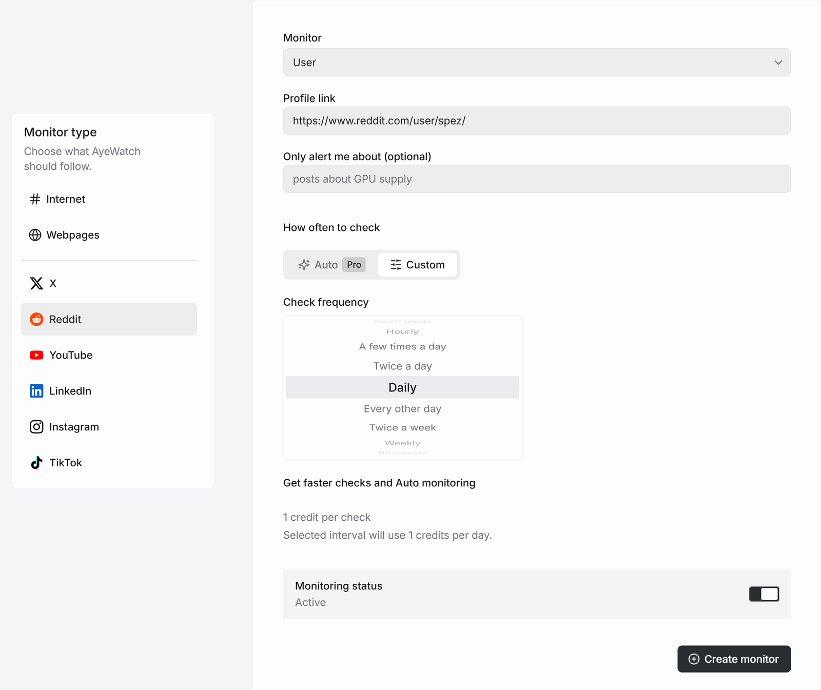 AyeWatch create monitor form with Reddit User mode and a reddit.com/user profile link