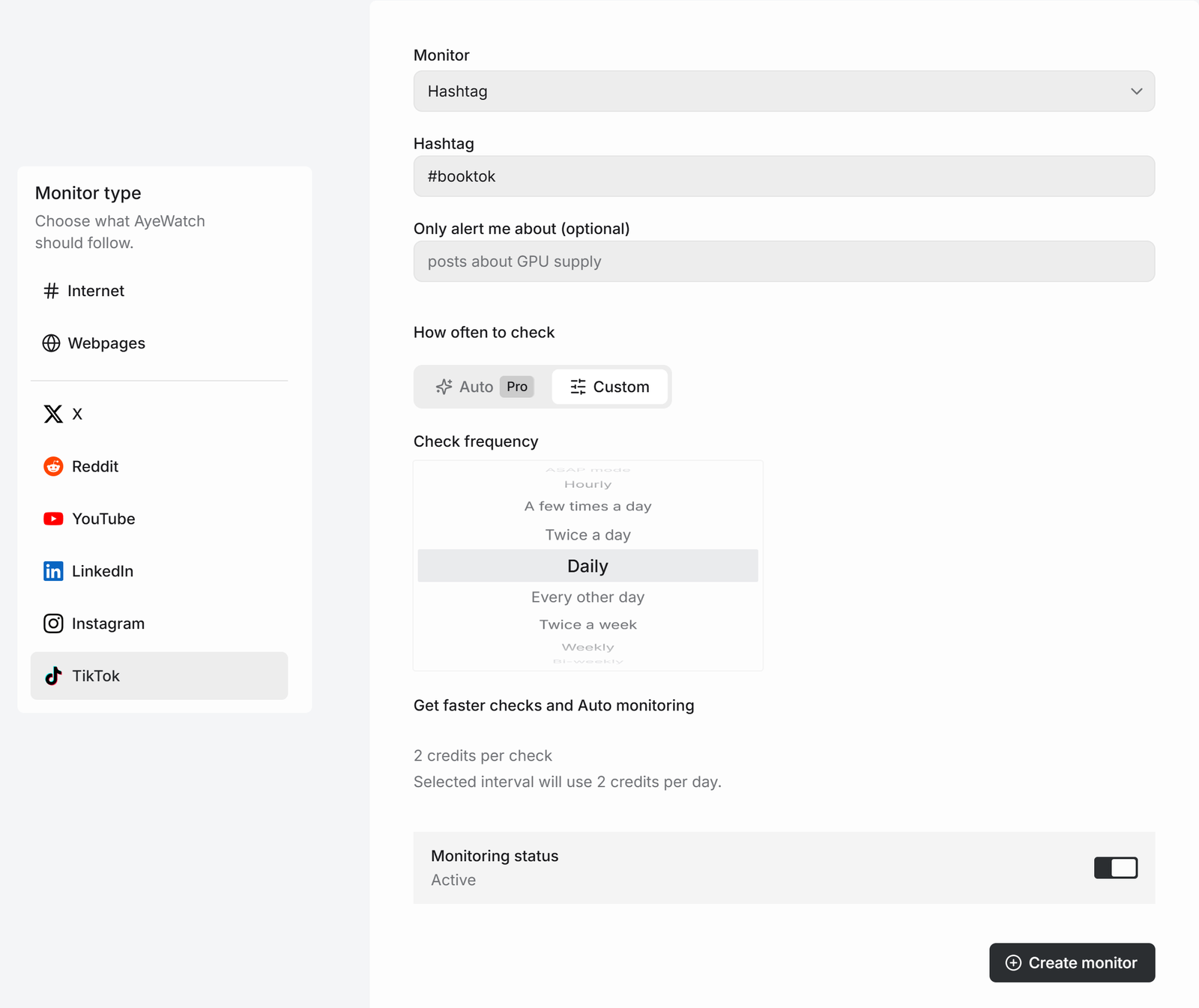 AyeWatch create monitor form with TikTok Hashtag mode and #booktok