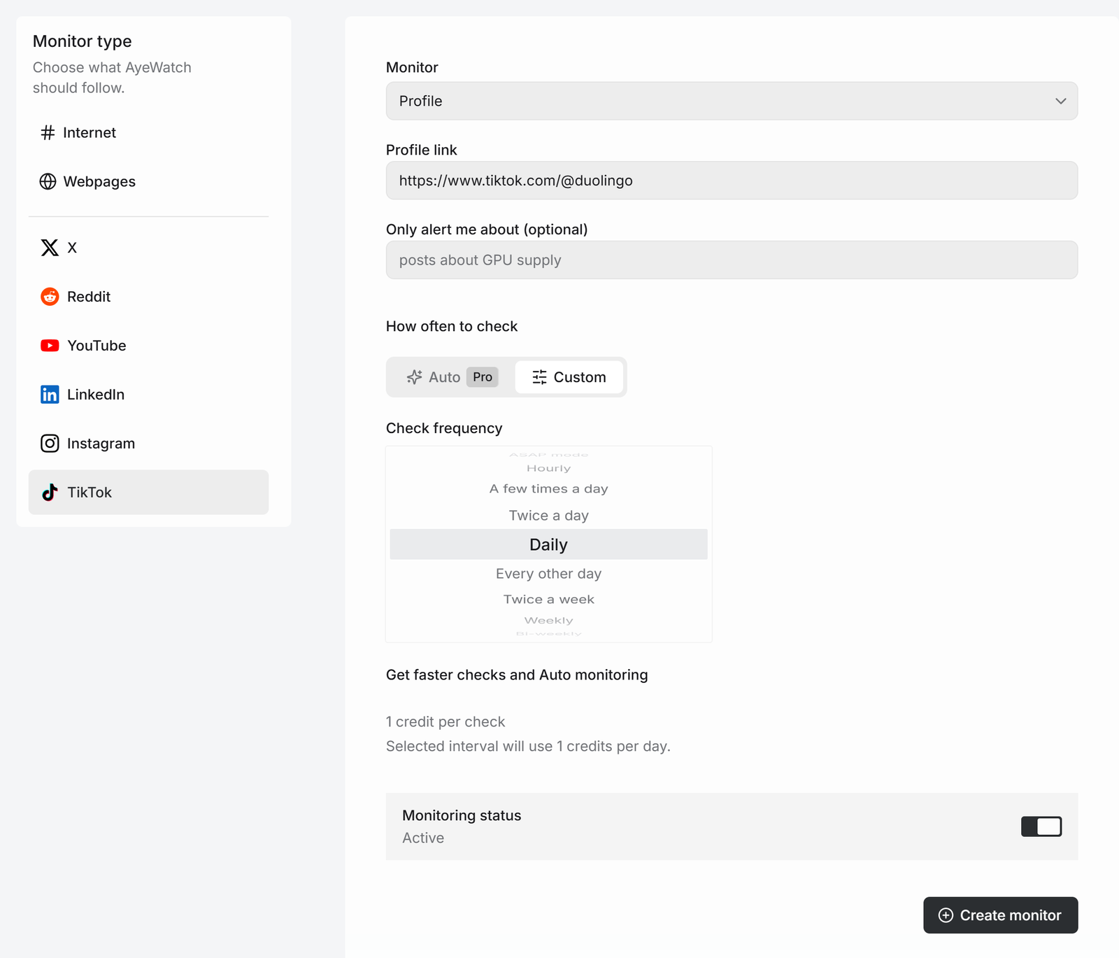 AyeWatch create monitor form with TikTok selected, Profile mode and a tiktok.com profile link