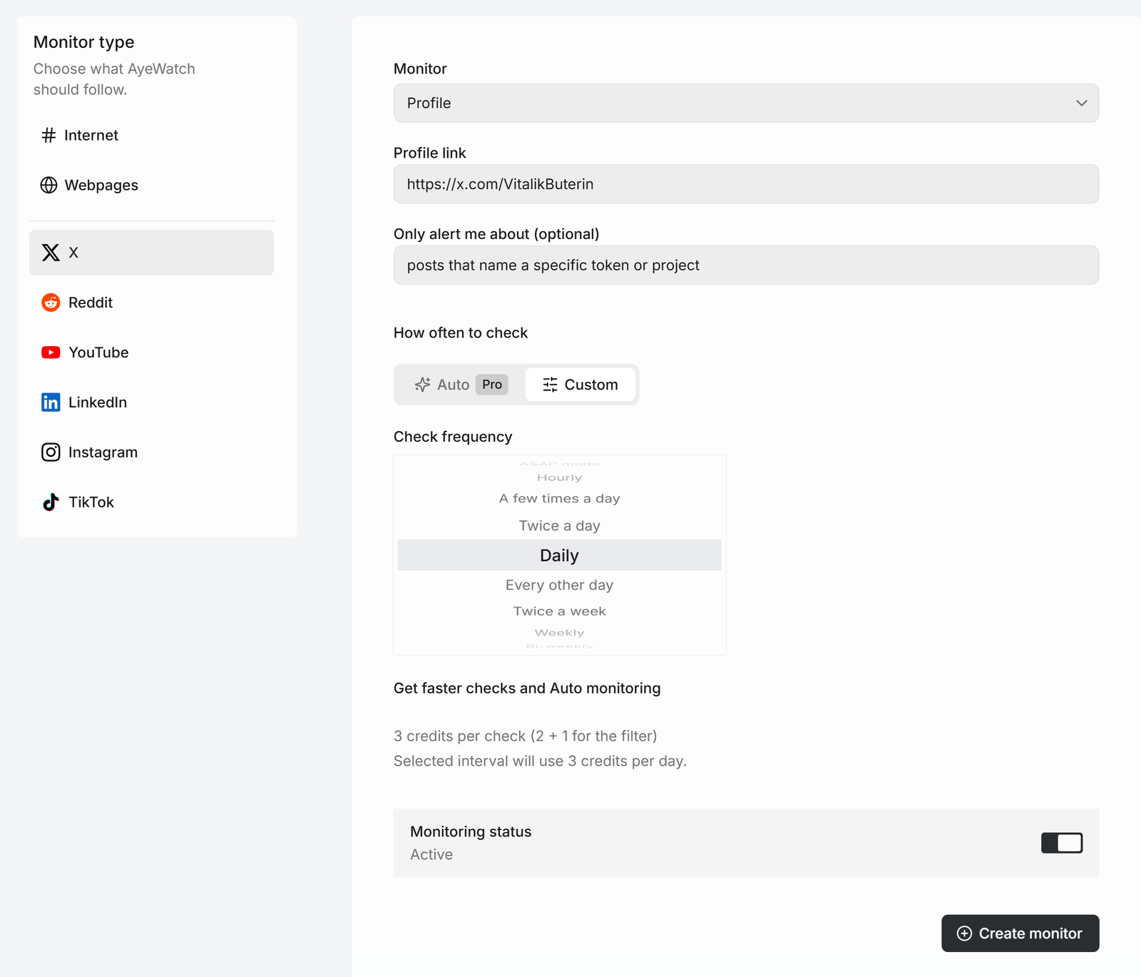 AyeWatch X Profile monitor for a crypto account with an AI filter for posts that name a specific token or project