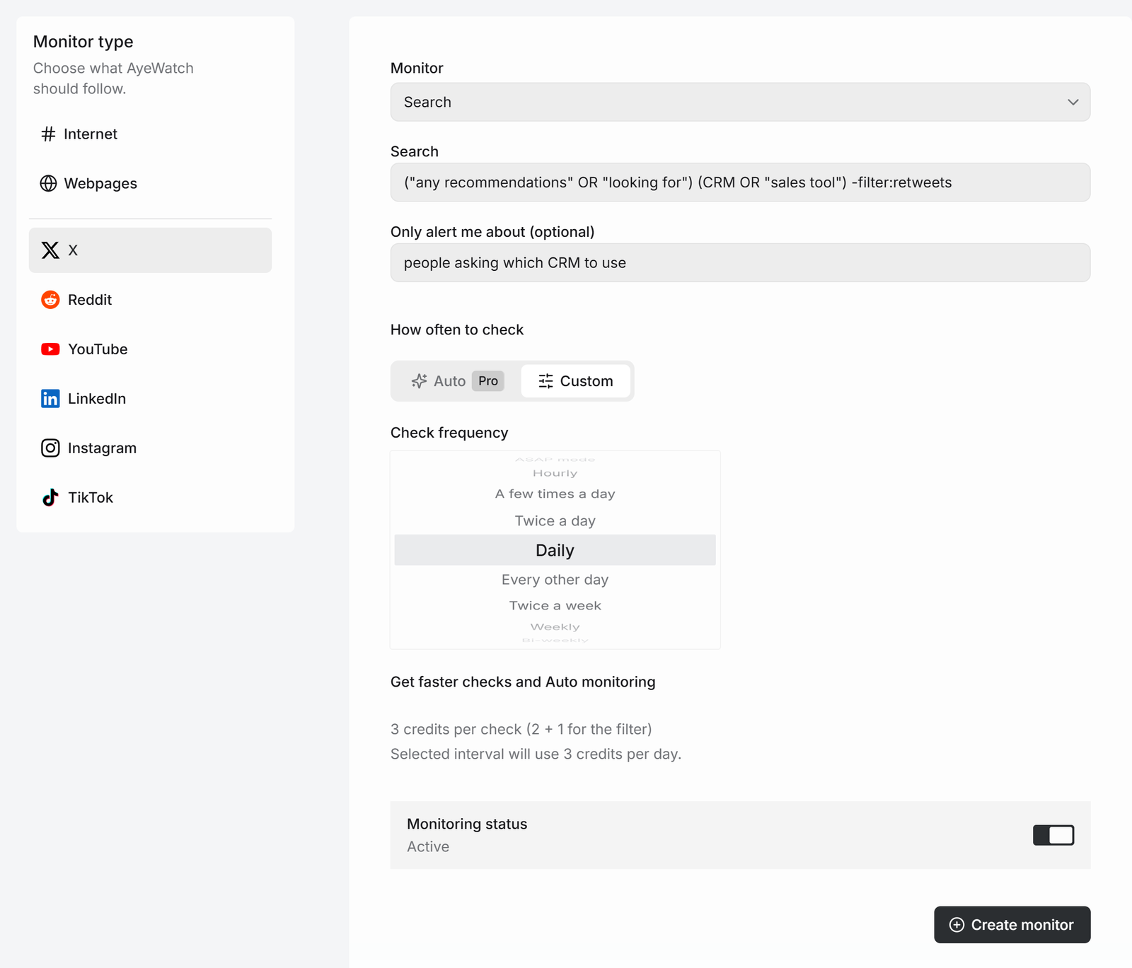 AyeWatch X Search monitor for CRM recommendation requests with an AI filter for people asking which CRM to use