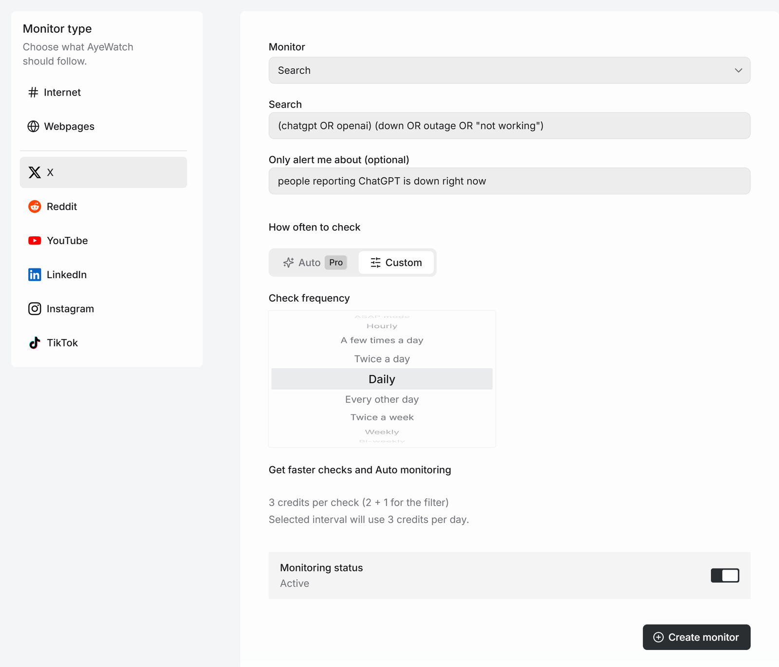 AyeWatch X Search monitor for ChatGPT outage reports with an AI filter for people reporting it is down right now