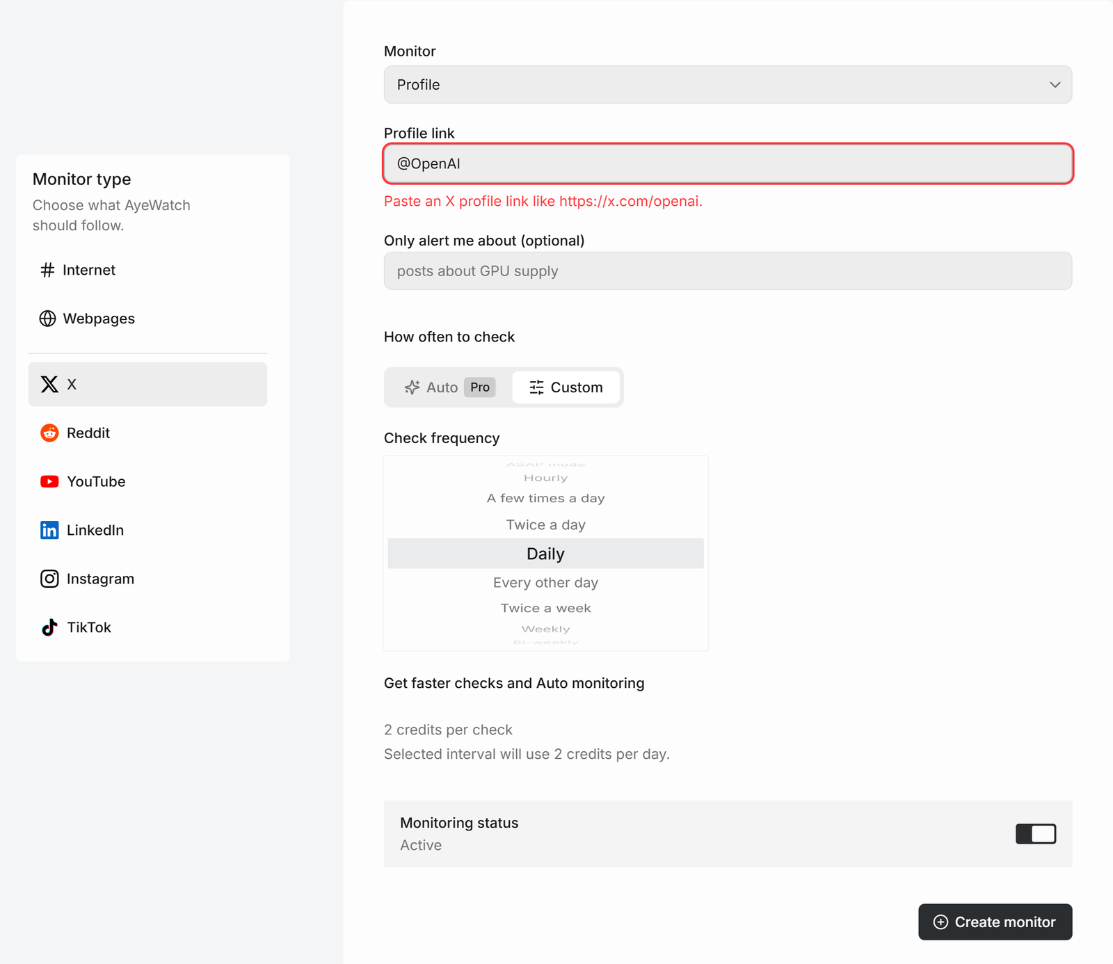 AyeWatch form showing the error Paste an X profile link like https://x.com/openai under an @handle