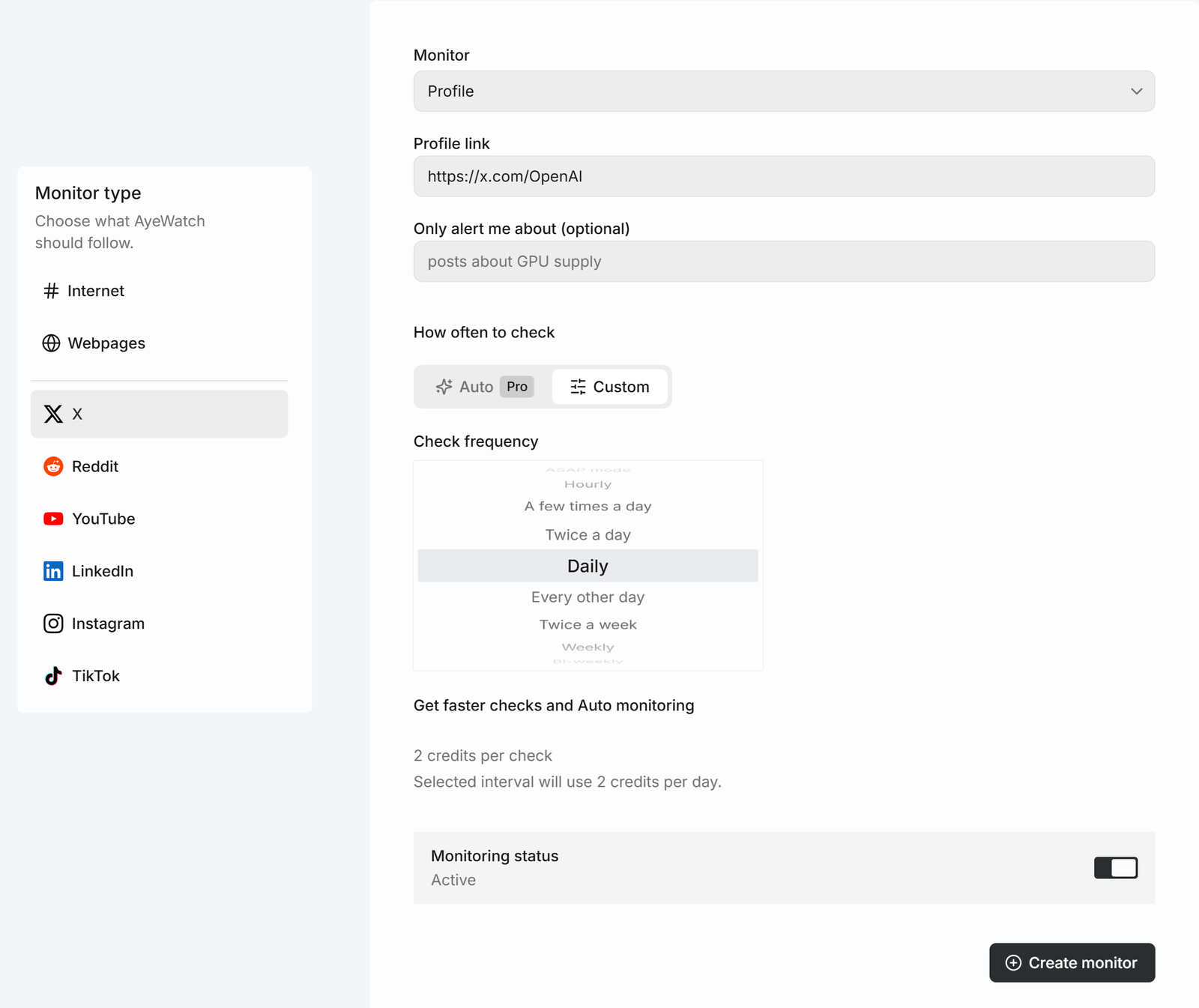 AyeWatch X Profile monitor with an x.com profile link