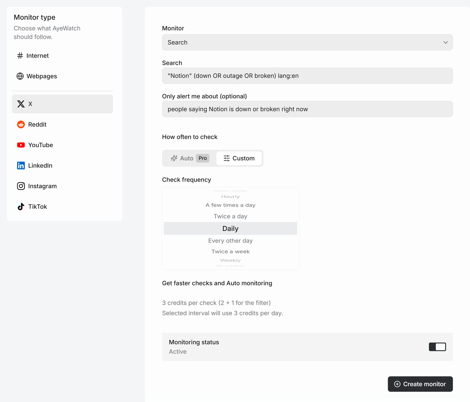 AyeWatch X Search monitor with a keyword query and an AI filter