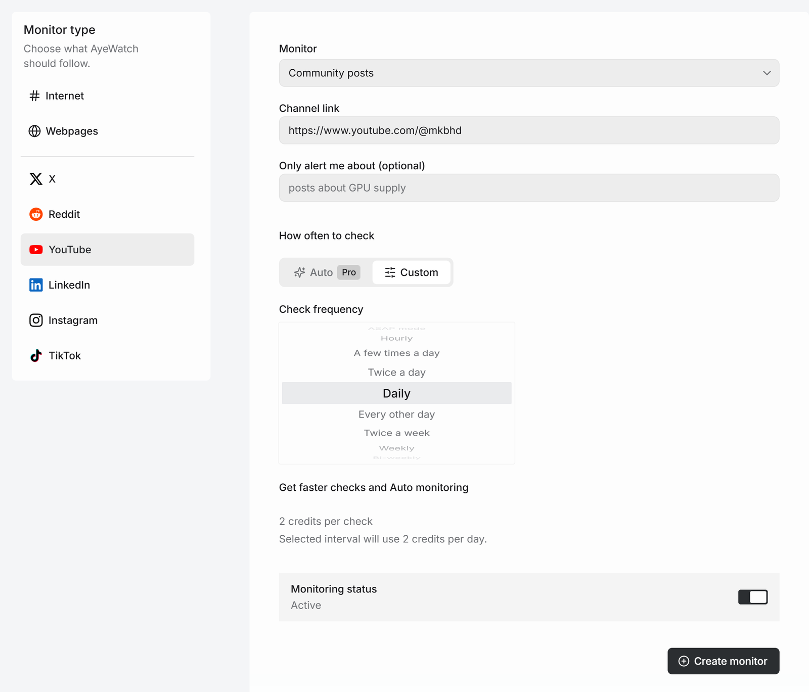 AyeWatch YouTube Community posts monitor with a youtube.com/@channel link
