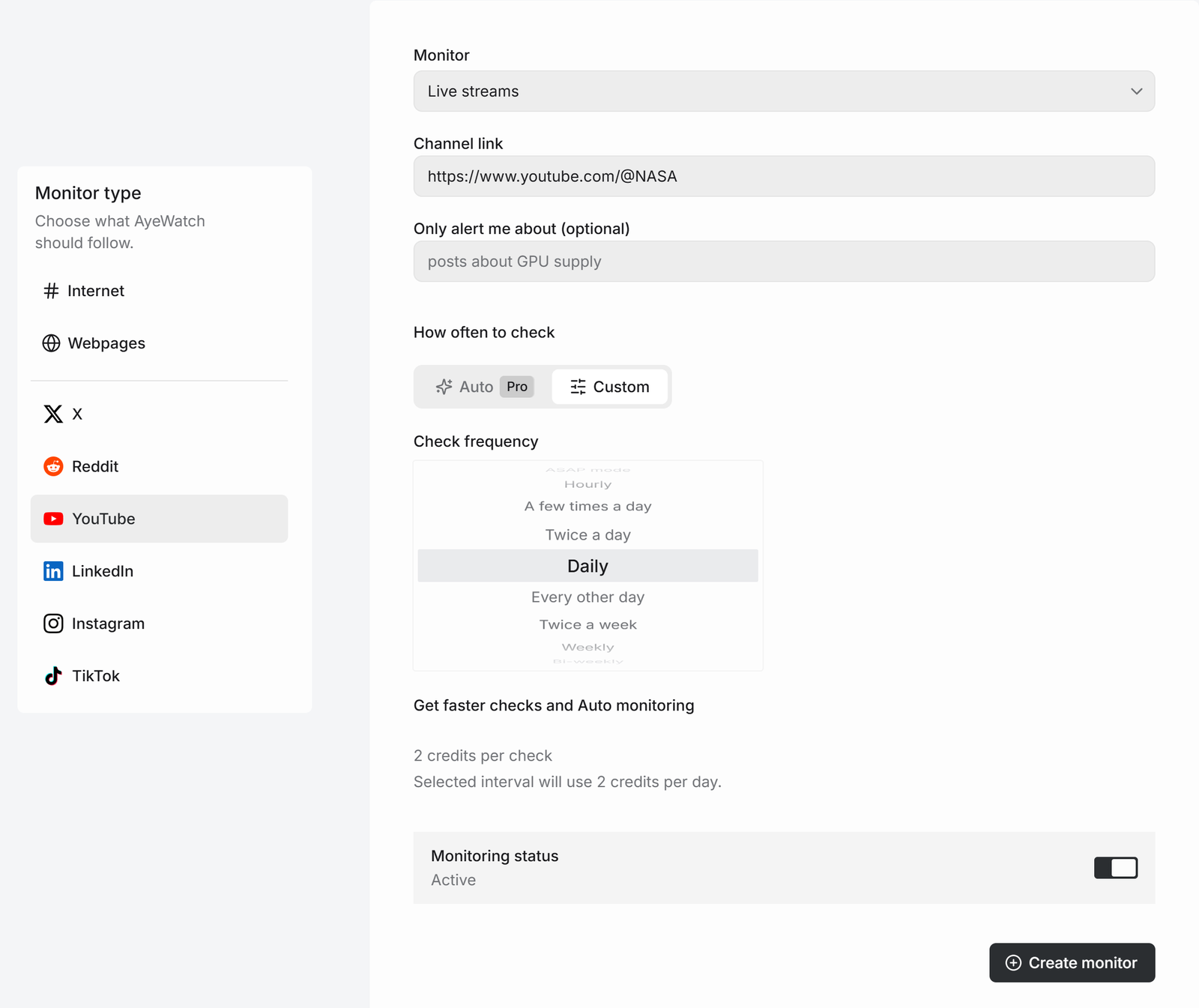 AyeWatch create monitor form with YouTube Live streams mode and a youtube.com/@NASA channel link