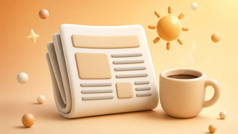 A morning briefing booklet beside a coffee cup
